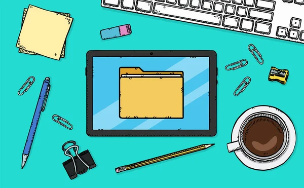 Masada duran tablette bir dosya dizininin grafiği gösterilir. El çizimi vektör grafikleri