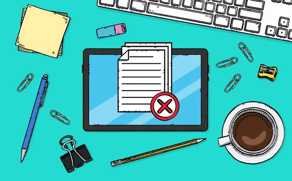 Tablet ekranında kırmızı x olan birkaç belgenin simgesi. Başarısız bir test ya da araştırma. El çizimi vektör illüstrasyonu.