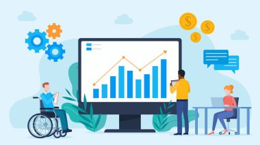 Business team working on data analytics. People, using laptop, tablet and man in wheelchair ist taking notes. Vector illustration for stock market, company grwoth, data, technology, solution, 