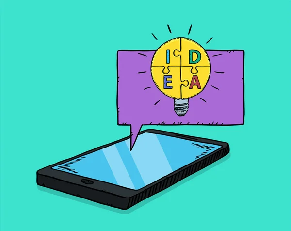 Cep telefonundan çıkan baloncuk üzerinde fikir işareti olan bulmacalardan yapılmış ampullerin el çizimi vektör illüstrasyonu.
