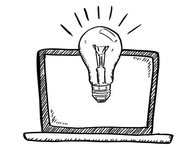 Takvim uygulama yazılımlı bir dizüstü bilgisayarı gösteren el çizimi bir vektör grafiği. Siyah ve beyaz karalama çizimi.