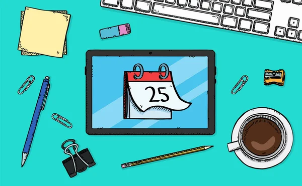 Ručně Kreslený Vektor Zobrazující Tablet Ikonou Aplikace Kalendáři Barevná Kresba — Stockový vektor