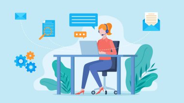 Kulaklık takan, dizüstü bilgisayar üzerinde çalışan bir iş kadınının düz tasarım çizimi. Şeklin etrafında e- posta, belge ve dişliler belirir.