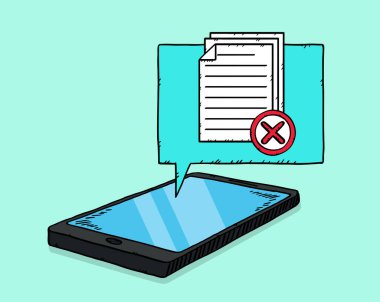 Yalancı bir telefondan gelen bulutun üzerinde kırmızı x işaretli birkaç belgenin simgesi. Başarısız bir test ya da araştırma. El çizimi illüstrasyon.