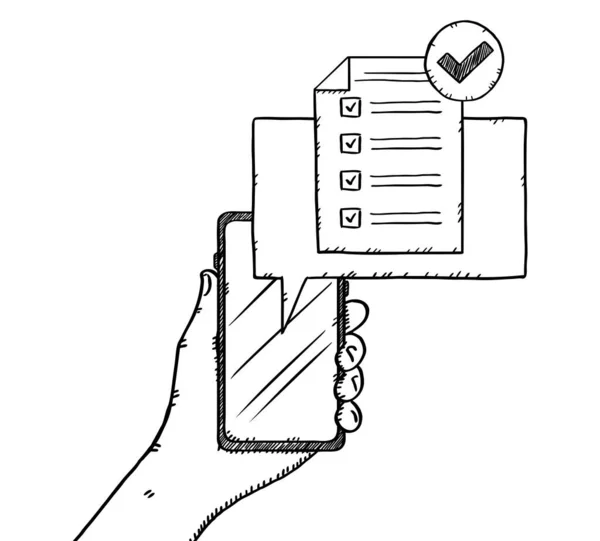 Doodle Hand Holding Phone Checklist Check Marks Showing Mobile Screen — Stock Photo, Image