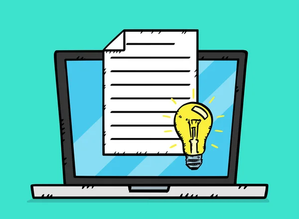 ノートパソコンの画面に表示されるアイデア電球と文書の手描きイラスト 落書きアートスタイルファイル — ストック写真