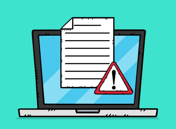 ノートパソコンの画面に警告サイン付きテキスト文書のスケッチスタイルのイラスト 手描きのドアスタイルファイル — ストック写真
