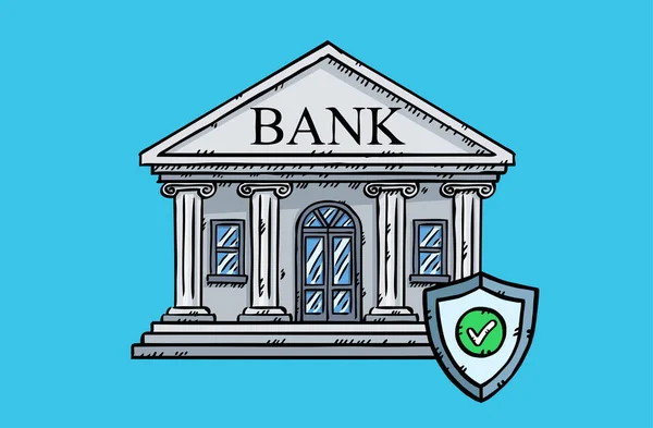 A graphic showing a laptop along with an online bank on the laptop screen, protected by an antivirus. The bank is protected by a shield with a green checkmark. Hand-drawn color illustration.