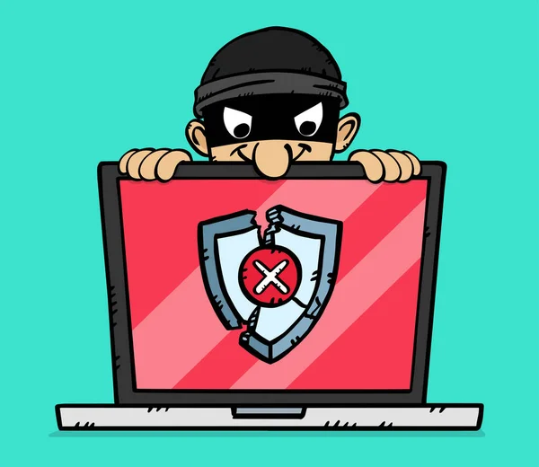Graphic Showing Laptop Cracked Antivirus Shield Hacker Planning Steal Data — Stock Photo, Image