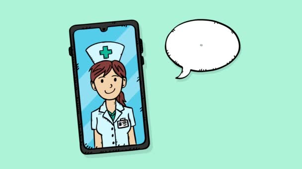 애니메이션은 간호사와 통화를 모습을 보여준다 간호사가 휴대폰 화면에 나타나고 그녀의 — 비디오