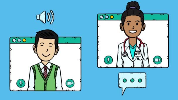 ビデオ医療のアドバイス 患者はビデオ通話で医者に相談する Hd解像度で手描きのドアアニメーション — ストック動画