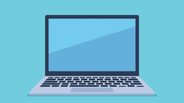 Tek renk arkaplanda dizüstü bilgisayarın vektör görüntüsü. Dizüstü bilgisayar ekranı temiz, üzerinde sadece bir ışık yansıması var. Düz tasarım biçiminde grafikler.