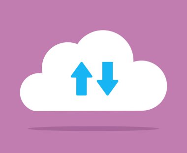 Düz tasarım çizimi. Kaydetme ve indirme oku olan bulut simgesi.