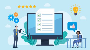 Düz tasarım çizimi. Monitörde kontrol listesi. Tabletle ayakta duran bir iş adamı, kadın oturuyor ve dizüstü bilgisayarla çalışıyor. Çevrelerinde 5 yıldız incelemesi, dişliler, ampuller ve başparmaklar yukarı simgesi var.