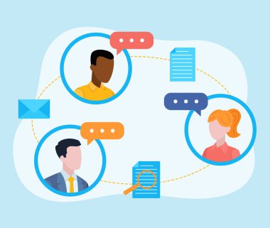 Çalışan avatarlar, bir kadın ve iki erkek. Yanlarında konuşma bulutları ve çevrelerinde büyüteç, belge ve e-posta içeren bir belgenin simgeleri var. Düz tasarım vektörü.