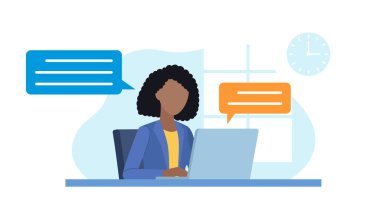 Düz tasarım çizimi. Masanın önünde oturan ve dizüstü bilgisayarla çalışan bir kadın. İş arkadaşı ya da müşterisiyle konuşuyor. Konuşma baloncukları kadından ve laptoptan gelir.