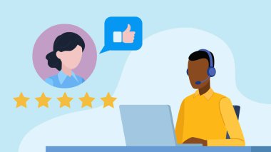 Düz tasarım çizimi. Bir teknik destek çalışanı masada oturup dizüstü bilgisayar üzerinde çalışıyor. Bir müşteri tarafından değerlendiriliyor. Müşteri beş yıldız ve bir onay veriyor..