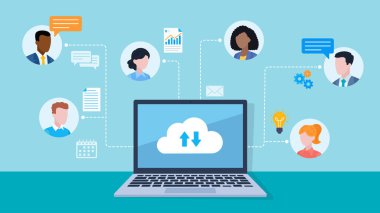 Ekranında bulut bağlantı simgesi olan bir dizüstü bilgisayar. Laptopun etrafında çalışan avatarlar var. Yanlarında ampul, vites, konuşma, belge ve takvim simgeleri var. Düz tasarım vektörü.