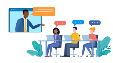 Ofiste video konferansı var. Çalışanlar masaya oturur, dizüstü bilgisayarlar önlerinde. Masanın yanındaki ekranda bir yönetici beliriyor. Düz tasarım çizimi. 