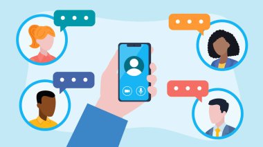 İnsanlar mobil sohbetler. Telefonla el ele. İnsanlar konuşma baloncuklarıyla Görseller. Grup sohbeti, ofis ya da eğitim. Teknoloji, modern, veri, fikir. Düz tasarım vektörü.