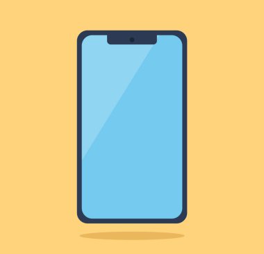  Düz tasarım vektörü. Cep telefonu cephesi. Mavi ekranlı siyah renkli akıllı telefon.