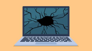Düz tasarım vektörü. Ekranı kırık bir laptop. Dizüstü bilgisayar ekranında bir kara delik ve çatlak bir ekran matrisi var.. 