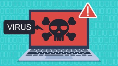 Düz tasarım çizimi. Bilgisayara virüs bulaşmış. Ekranda VIRUS bilgisi olan bir kafatası ve yanında da ünlem işareti var. Arka plan bir sıfır-bir kodu.. 