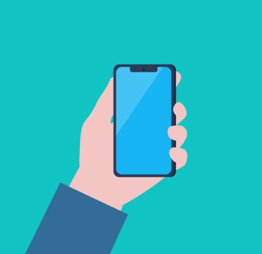 Bir el telefonu tutar. Akıllı telefon ekranında hafif bir ışık yansıması olan mavi bir cam var. Modern bir telefon. Düz tasarım vektörü