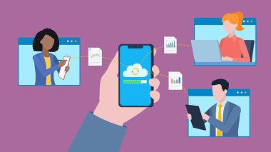 Telefonu tutan el. Telefon buluta bağlı ve veri dosyalarını diğer kullanıcılara gönderiyor. Karakterler bir uygulama aracılığıyla birbirine bağlıdır. Düz tasarım vektörü