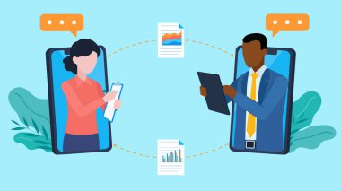 İş adamı ve iş kadını evrakları ile birlikte çalışır ve gönderirler. Karakterler telefon ekranlarından görülebiliyor. Karakterlerin yanında sohbet baloncukları var. Düz tasarım vektörü.