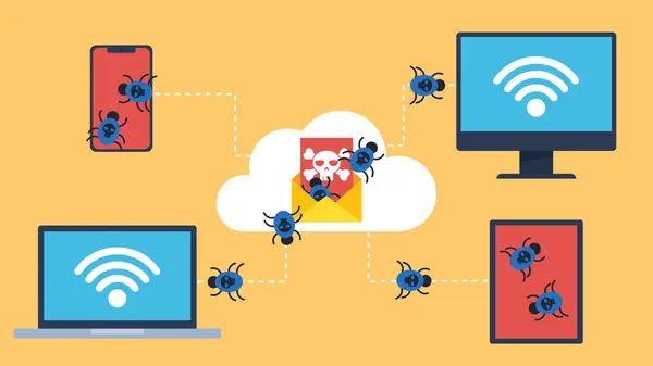 Stock image Illustration of opened email with virus from which computer worms come out. Email is on a server in the cloud. Devices are connected via Wifi. Two devices are hacked and two are about to be hacked.