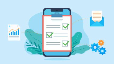 Telefon ekranında kontrol listesi olan not defteri. Her cevabın e-posta simgeleri, grafikleri ve vitesleri olan belgeler var. Her cevap doğru işaretlenmiş. Düz tasarım biçiminde vektör grafikleri.