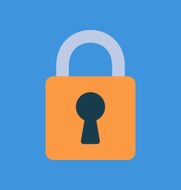 Kapalı bir asma kilidin renkli grafiği. Asma kilit mavi arka planda. Düz tasarım biçiminde vektör grafikleri.