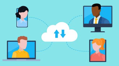 Farklı cihazlarda çalışan video konferansı. 4 avatarlık iş arkadaşı. İki kadın ve bir erkek mahkemesi. Bulut sunucusu üzerinden bağlantı. Düz tasarım biçiminde vektör grafikleri.