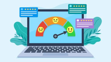 Laptop ekranında bir müşteri memnuniyet sayacı var. Üzerinde işaret ve hüzünlü, tarafsız ve gülümseyen emojiler var. Yanında beş yıldızlı müşterilerden gelen yorumlar var. Düz tasarım vektörü.