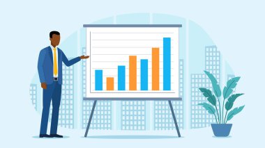 Ofisteki bir adam elinde veri grafiği olan bir tablonun önünde duruyor. Onun yanında bir çiçek duruyor. Arka planda, şehir manzaralı bir ofis penceresi. Düz tasarım vektörü.