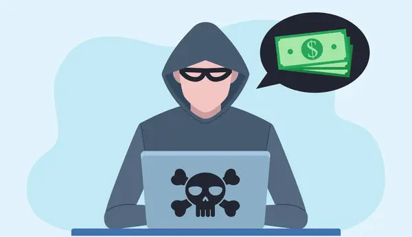 Dizüstü bilgisayarın önünde oturan bir hacker. Şekilden gri bir kapüşonlu ve siyah bir para balonu çıkıyor. Bilgisayarın arka planında bir kafatası var. Düz tasarım vektörü.