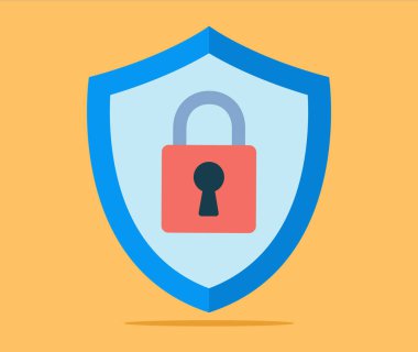 Bu vektör grafiği, merkezinde kırmızı asma kilit bulunan mavi bir kalkanla güvenlik ve veri korumasını sembolize ediyor. Arka plan sarı, kalkanı vurguluyor ve kilit unsurlar olarak kilitleniyor