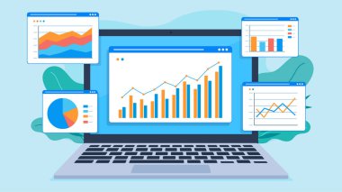 Vector graphic shows a laptop displaying various data charts and graphs, including bar, line, pie, and area charts. The charts represent data analysis, with green leaves in the background