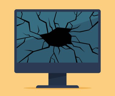 Bu vektör grafiği, merkezinde büyük bir kara delik bulunan kırık ve parçalanmış bir ekranı olan bir bilgisayar monitörünü gösteriyor. Çatlaklar, hasarı ya da arızayı sembolize ederek dışa doğru yayılmış..