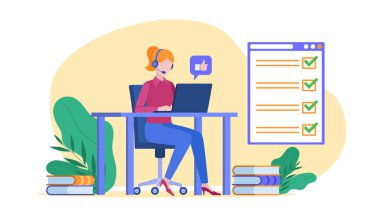 Masasında dizüstü bilgisayarla oturan, kulaklık takan, muhtemelen müşteri hizmetleri sunan bir kadının vektör grafiği. Yeşil işaretli bir kontrol listesi ve bir başparmak onay simgesi görüntülenir