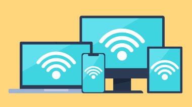 Bu vektör grafik ekranlarında büyük bir Wi-Fi sinyal sembolü gösteren bir dizüstü, tablet ve akıllı telefon da dahil olmak üzere birden fazla aygıtı betimler. Arka plan sarı..