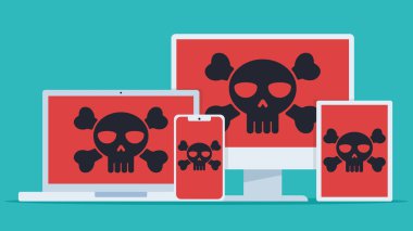 Virüs sembolü olan mobil cihazlar bir diğerinin önünde duruyor. Cihazların ekranlarında siyah kafatası ve kırmızı arka plan var. Cihazlar beyaz renkli. Düz biçimde grafiksel illüstrasyon.