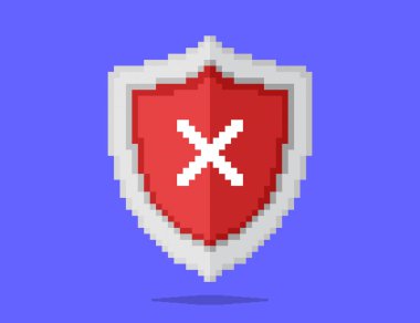 Ortasında beyaz X sembolü olan kırmızı bir kalkanın vektör çizimi. Güvenlik hatası. Piksel resim simgesi. Mor arkaplan.