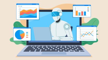 Yapay zeka robotu dizüstü bilgisayarda çalışır ve veri grafiklerini analiz eder. Grafikler uygulama karolarına dizüstü bilgisayarın yanına yerleştirilir. Makine öğrenme ve veri analizi. Düz tasarım vektörü.