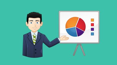 Takım elbiseli bir adam grafikte pasta grafiğiyle veri sunuyor. Elle sunuma doğru uzanan gülümseyen figürün vektör illüstrasyonu.