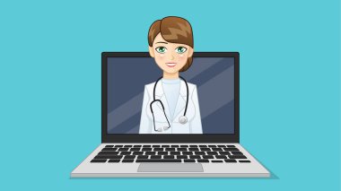 Laptop ekranında kahverengi saçlı, steteskoplu bir kadın doktor var. Şekil gülümsüyor ve çevrimiçi danışmanlık yapıyor. Vektör illüstrasyonu.