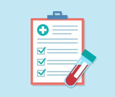 Kan testi sonuçlarıyla ilgili tıbbi anket. Kontrol listesinin yanında bir ampul kan var. Düz biçimli vektör grafikleri.