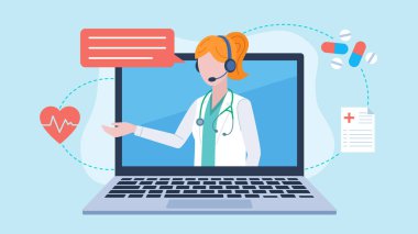Doktorla dizüstü bilgisayar ekranı, bir hastayla sohbet. Karakter bir kulaklık takıyor ve yanında bir konuşma balonu var. Laptopun etrafında kalp, tablet ve tıbbi belge simgeleri var.