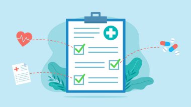 Tamamlanmış tıbbi kontrol listesi. Her işaretçinin bir simgesi var. Üç ikon, kalp, hap ve tıbbi belge var. Düz biçimli vektör grafikleri.